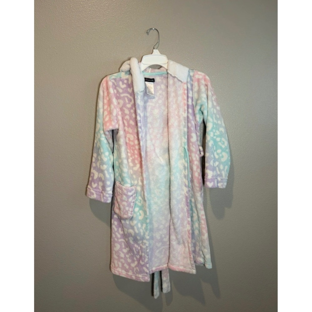 Cuddl Duds Girls Pastel Rainbow Leopard Cat Hooded Plush Robe Size L 10/12